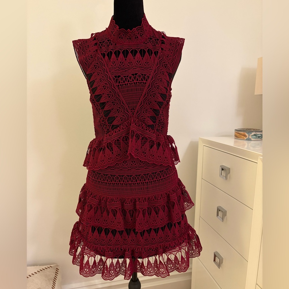 Self-Portrait Burgundy and Black Lace Mini Dress.